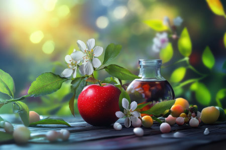 A vibrant red apple sits next to a glass jar filled with liquid amidst blooming flowers and greenery.の写真素材