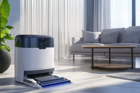 A robot vacuum cleaner operates on a polished floor in a stylish living room filled with natural light.の写真素材