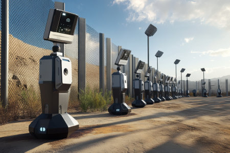 Advanced surveillance robots monitor a desert border, equipped with solar panels and technology, during sunset.の写真素材