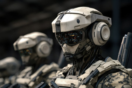 Futuristic soldiers equipped with high-tech armor stand ready for a mission in a tactical setting.の素材