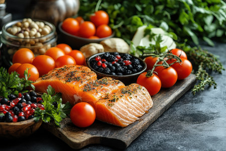 A vibrant arrangement of salmon, tomatoes, and herbs on a rustic wooden board showcasing fresh ingredients.の写真素材