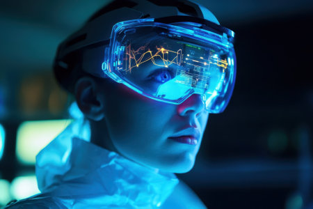 A person wears high-tech augmented reality goggles displaying complex data and graphics in a dark environment.の写真素材