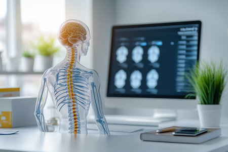 A transparent human skeletal model sits at a desk, facing a computer with brain scans displayed.の写真素材