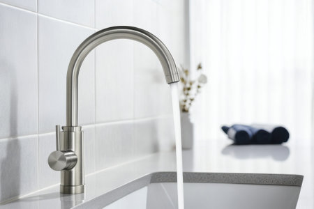 Water streams from a sleek faucet into a stylish sink in a contemporary kitchen space with natural light.の写真素材