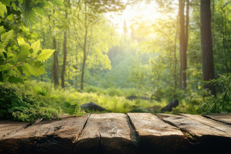 Soft morning light filters through the trees in a tranquil forest, showing vibrant foliage and wood.の写真素材