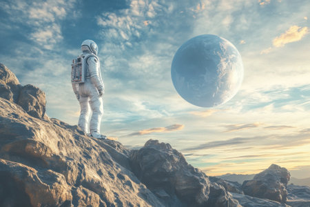 An astronaut stands on a rugged terrain, observing a large planet shining in the sky at sunset.の写真素材
