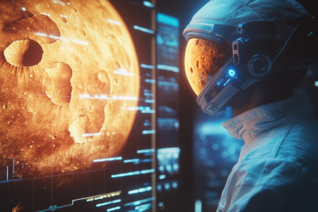 An astronaut studies Mars displayed on a high-tech screen, showcasing exploration and discovery in space.の写真素材