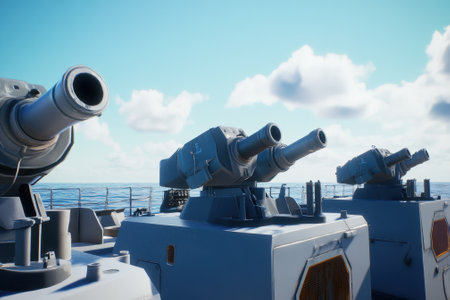 High-tech naval guns are positioned on a ship, ready for action against a tranquil sea backdrop.の写真素材