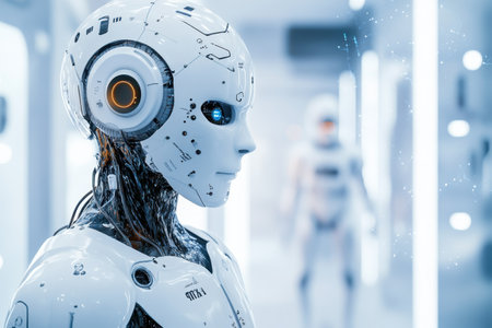 A humanoid robot stands in a sleek laboratory, showing advanced technology and glowing features.の写真素材