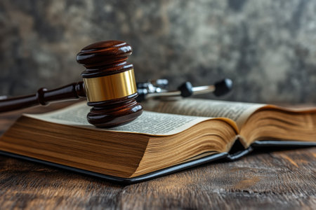 A gavel is placed on an open book filled with legal text on a rustic wooden table.の写真素材