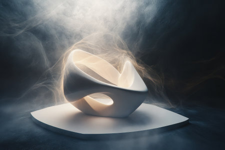 A smooth, abstract sculpture glows softly in swirling mist, evoking a mystical ambiance.の写真素材