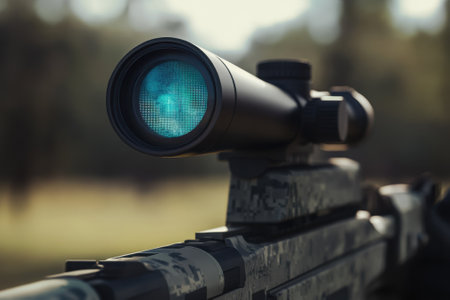 A sniper scope is positioned on a custom rifle, showing its precision in a green outdoor landscape.の写真素材