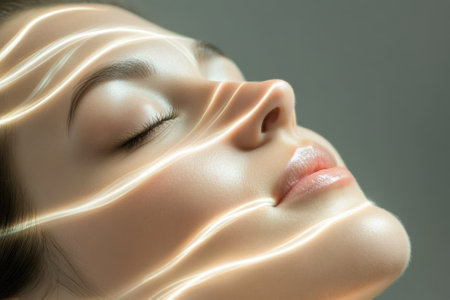 A woman relaxes with closed eyes as light patterns softly accentuate her facial features, creating a serene atmosphere.の写真素材