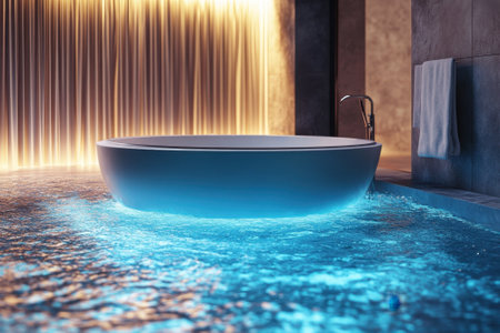 A stylish round bathtub surrounded by soft lighting and water features creates a calming spa atmosphere.の写真素材