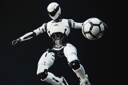 A humanoid robot showcases athleticism by juggling a soccer ball in a dramatic and stylish pose.の写真素材