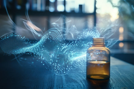 A glass bottle sits on a wooden table, surrounded by waves of glowing particles in warm light.の写真素材