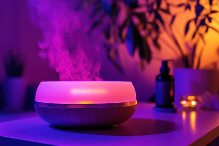 Aromatherapy diffuser releases soothing mist while surrounded by calming indoor plants and soft lighting.の写真素材