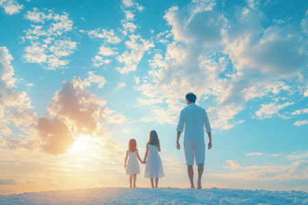 A father walks with two daughters along the shoreline at sunset, enjoying a peaceful family moment.の写真素材