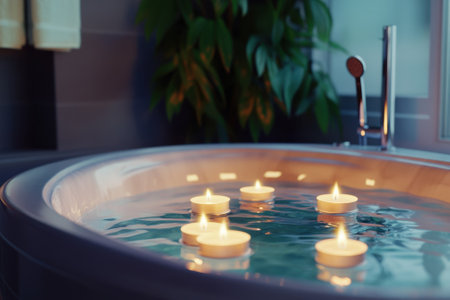 Soothing water filled with floating candles creates a serene atmosphere in the bathroom spa.の写真素材