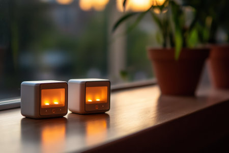 Two small decorative lights emit a warm glow on a wooden surface by the window as the sun sets outside.の写真素材