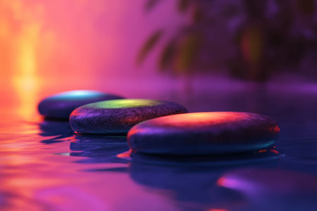 Smooth stones sit atop a tranquil pool, illuminated by colorful lights creating a calming atmosphere.の素材
