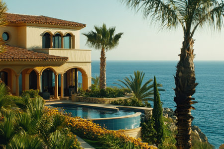 Luxurious villa sits on a cliff with a stunning ocean view, palm trees, and a beautiful pool area.の写真素材
