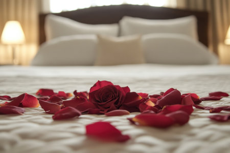 A romantic setting featuring a bed decorated with red rose petals, creating an intimate atmosphere.の写真素材