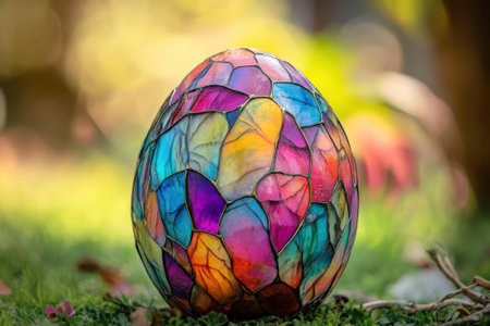 A beautifully crafted stained glass egg sits on lush green grass, showing vibrant colors in sunlight.の写真素材