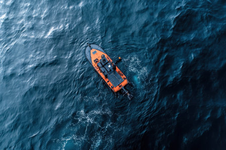 An orange boat travels across vibrant blue waters, creating waves and splashes in sunlight.の写真素材
