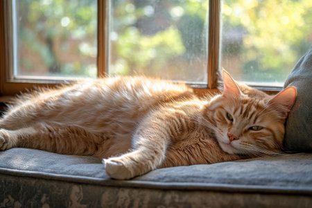 A relaxed orange cat stretches on a soft couch, soaking up warm sunlight streaming through the window.の写真素材