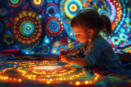 A young child focuses intently while painting with bright colors on a glowing canvas surrounded by patterns.の写真素材