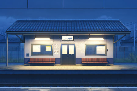 An empty train station features benches under soft lights at dusk, creating a serene atmosphere for travelers.の写真素材