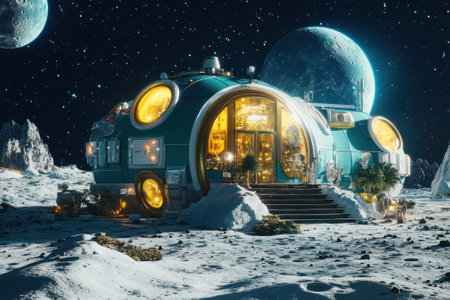 A unique lunar habitat is illuminated in the moonlight, surrounded by a rugged lunar landscape and stars.の写真素材