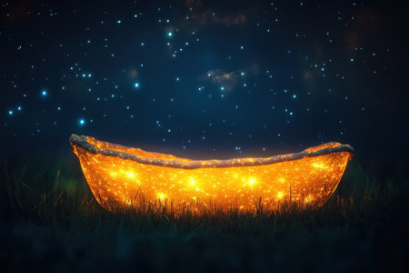 A luminous boat rests on grass, glowing warmly while surrounded by a stunning starry night sky.の写真素材