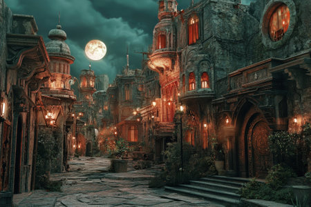 A dimly lit street in a fantastical old town features ornate buildings and glowing lanterns under a full moon.の写真素材