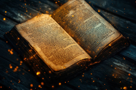 Ancient book with intricate pages showing glowing text, surrounded by a dark atmosphere and subtle sparkles.の写真素材