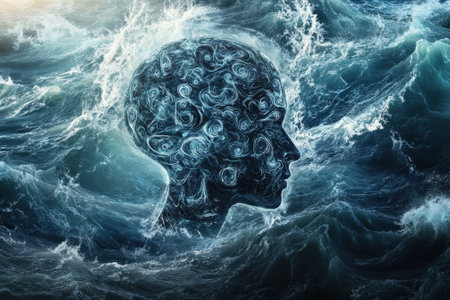 Waves churn vigorously, shaping a tranquil human profile, embodying turmoil and calm in the ocean's depths.の写真素材