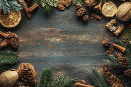 Natural items like pine cones, nuts, and dried fruits are arranged on a rustic wooden surface creating a warm ambiance.の写真素材