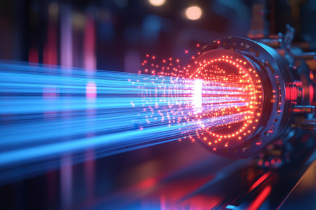 Advanced laser technology produces striking beams of light and colorful particles within a modern lab.の写真素材