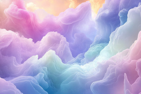 Whimsical clouds in shades of pink, purple, and blue fill the sky, creating a serene and captivating atmosphere.の写真素材