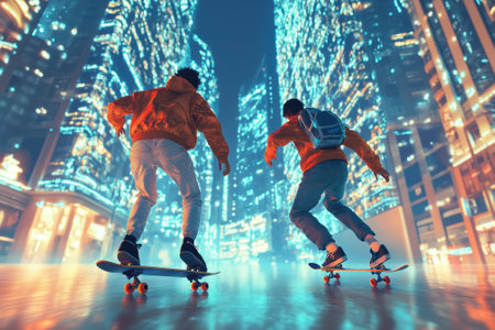 Two skaters enjoy a thrilling ride through a brightly lit urban landscape after sunset.の写真素材