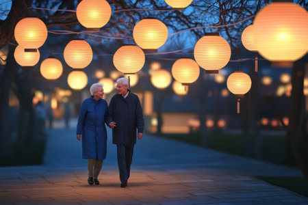 An elderly couple walks hand in hand, surrounded by shimmering lanterns in a peaceful park at dusk.の写真素材