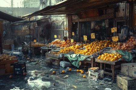 Fresh oranges and other fruits are displayed at stalls in a lively market, surrounded by urban scenery.の写真素材