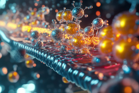 Colorful molecular formations shimmer in a dynamic environment, showing intricate interactions among particles.の写真素材