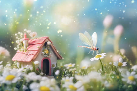 A whimsical fairy house sits among blooming daisies while a dragonfly hovers nearby in a vibrant setting.の写真素材