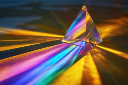 A crystal prism sits on a surface while light refracts, casting vibrant rainbow patterns around the area.の写真素材