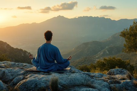 A person meditates on a rocky outcrop, surrounded by mountains during a vibrant sunset.の写真素材