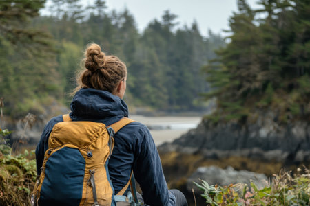 A hiker enjoys a peaceful moment overlooking the beautiful coastal view surrounded by trees.の写真素材