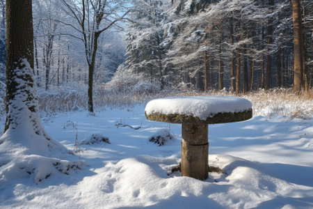 A stone table sits silently under a thick layer of snow surrounded by tall trees in winter.の写真素材