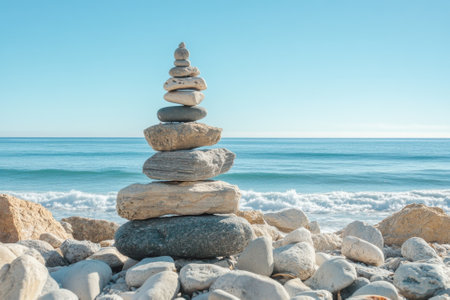 Smooth stones are artfully stacked at the shore, creating a tranquil display against the ocean backdrop.の写真素材
